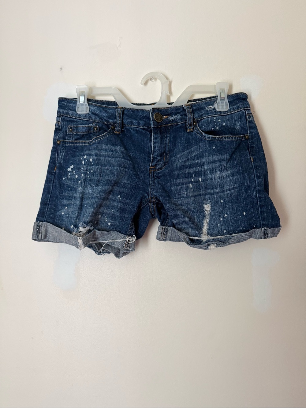 Indigo Rein Dark Blue Distressed Rolled-Hem Jean Shorts